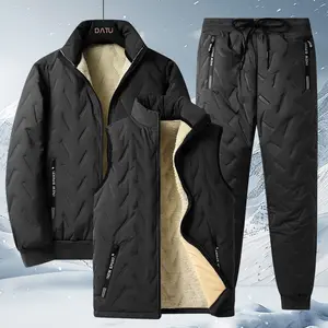 Men's Casual Three-Piece Set, Thick Fleece Lined Jacket with Pants, High-Quality Winter Sports Zip-Up Vest, Elastic Waistband Drawstring Pocket, Solid Color Versatile Home Outdoor Ski Windproof Warm Fuzzy Composite Layer Top Long Sleeve Fabric