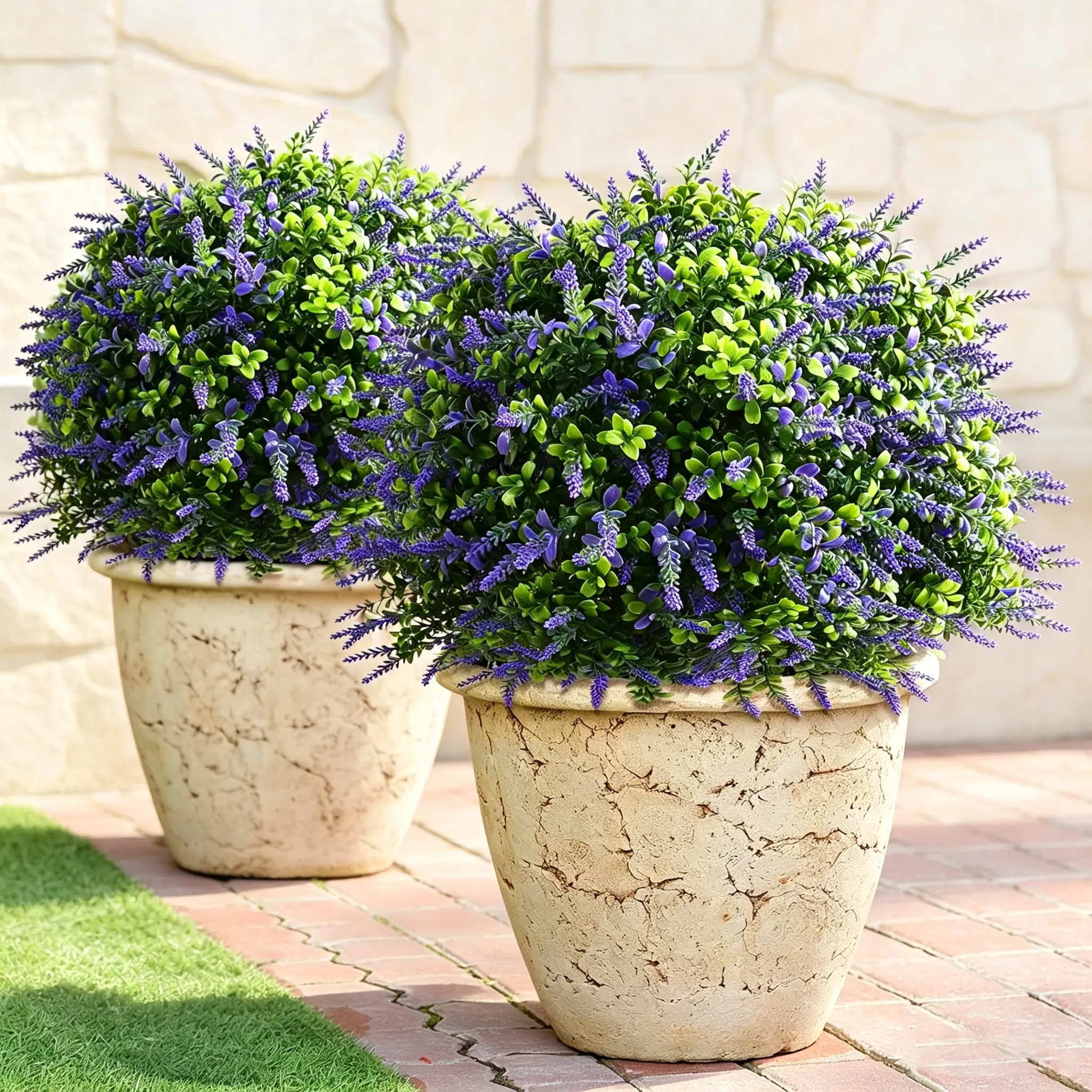 24-Inch Boxwood Topiary Balls with Lavender (2-Pack), UV-Resistant All-Weather Faux Artificial Topiary with Ground Spike, Low-Maintenance Evergreen Shrubs for Front Door, Patio, Home Year-Round Decor