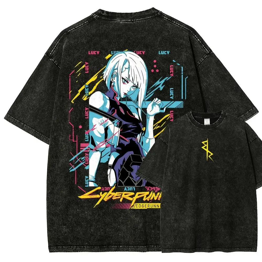 Men's Oversized Graphic T-Shirt, Cyberpunk Lucy Print in Vintage Acid Wash Heavyweight Cotton, Soft Round Neck Streetwear Top, Tops, Basic, Fabric, Cyberpunk Print, Heavy Cotton, Unisex Retro, Classic, Shortsleeve, Basic Tee, Breathable, Double Stitch