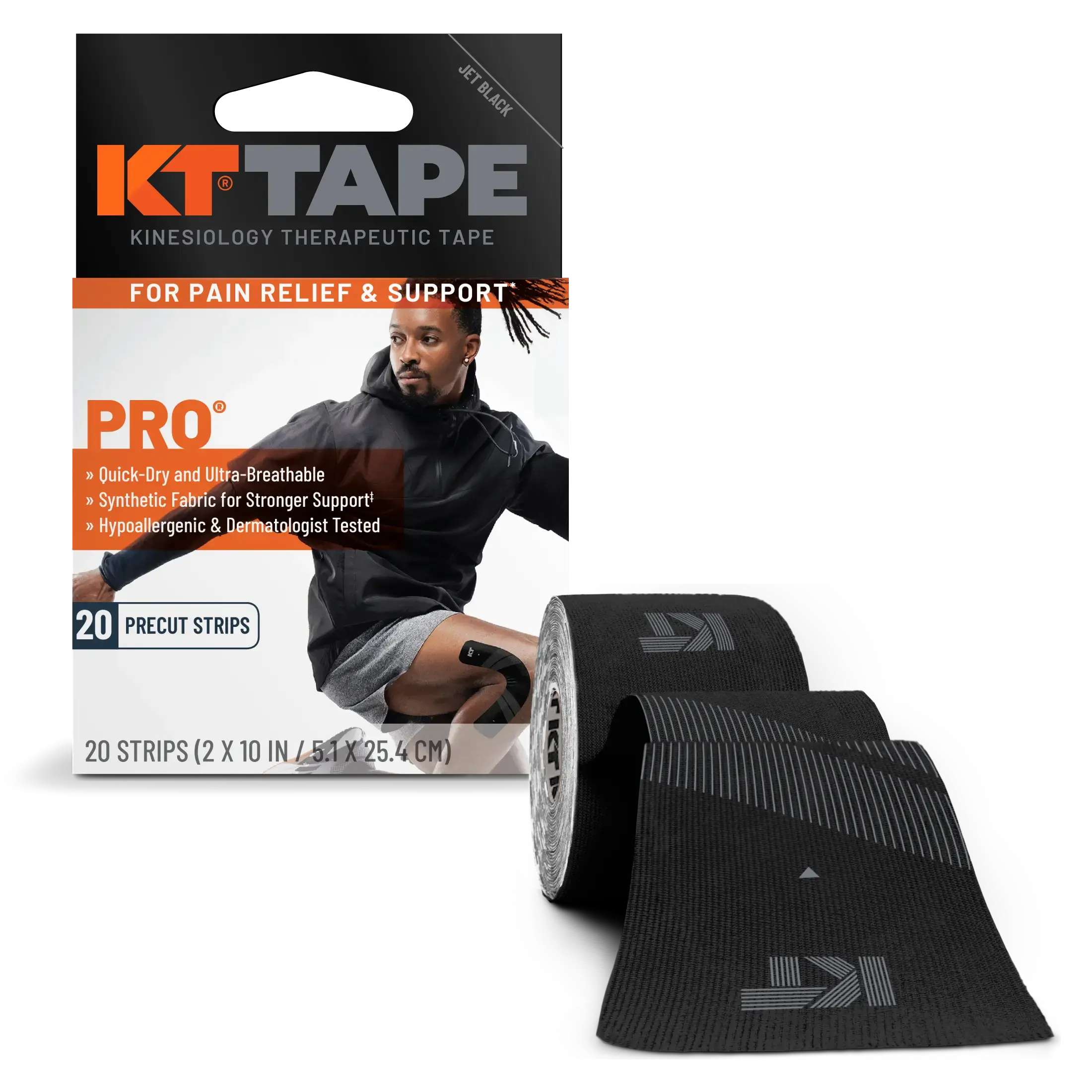 KT Tape Pro - Professional Grade Athletic Tape for Pain Relief & Support, Synthetic Fabric, Hypoallergenic, Latex-Free, 20 Pre-Cut Kinesiology Strips Stretch Flexibility