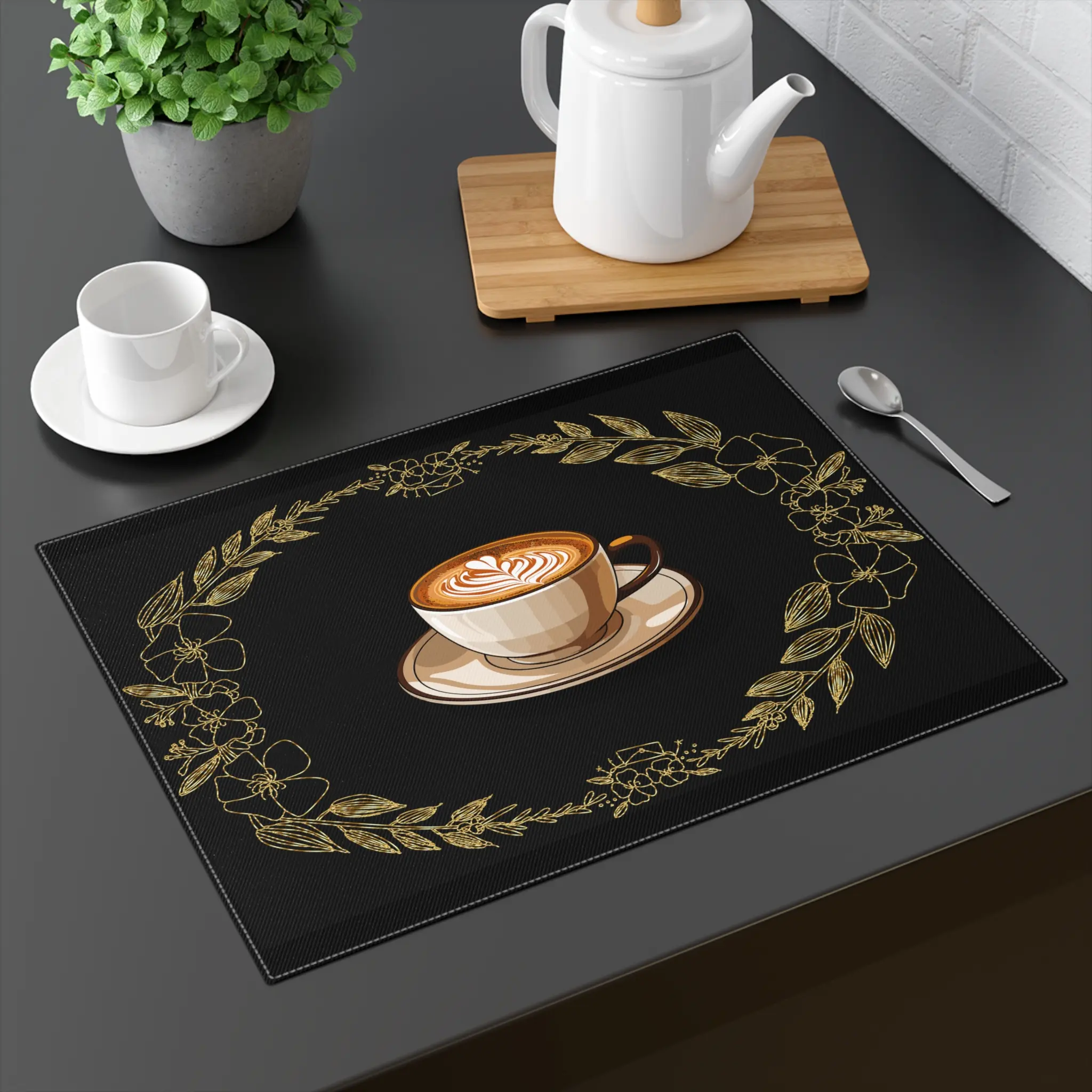 Personalize this Gold on Black and Coffee, High Resolution quality image, Placemat, 1pc, Restaurant dining table or coffee shop tabletop custom designed by Admir Kacamakovic