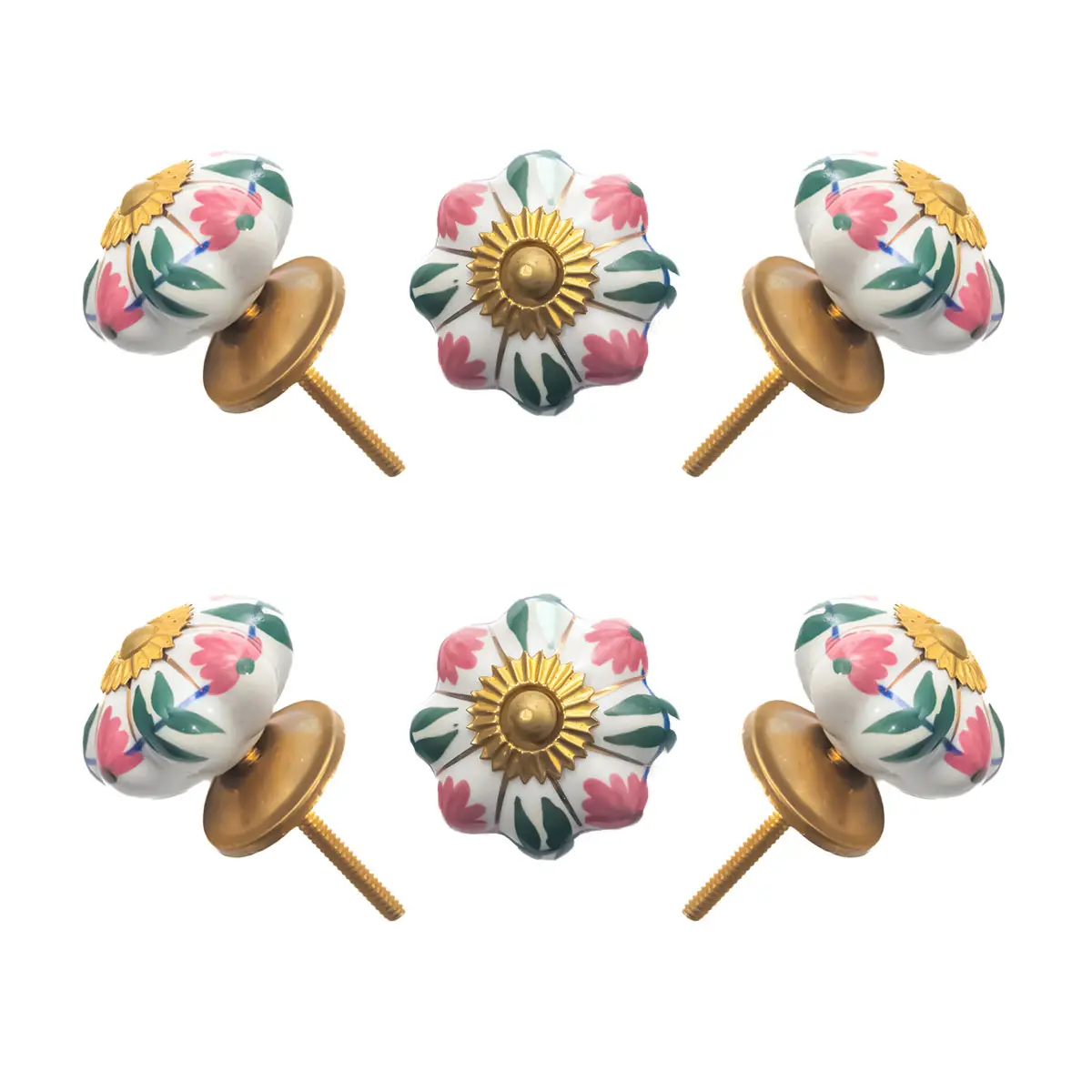Elegant Pink & Green Floral Ceramic Melon Knobs (Pack of 6) - Hand-Painted & Easy Install for Cabinets & Drawers by CDNY