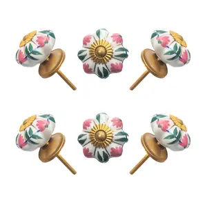 Elegant Pink & Green Floral Ceramic Melon Knobs (Pack of 6) - Hand-Painted & Easy Install for Cabinets & Drawers by CDNY