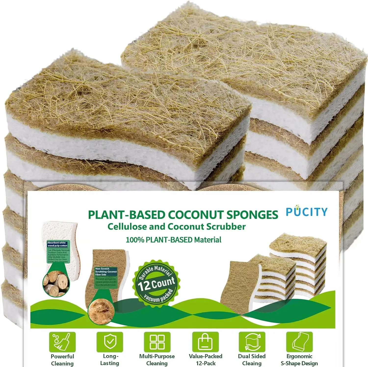 12 Pack Natural Kitchen Sponges, Plant-Based Cellulose Dish Sponge with Coconut Scrubber, Biodegradable Compostable Non-Scratch Eco-Friendly Cleaning Sponge