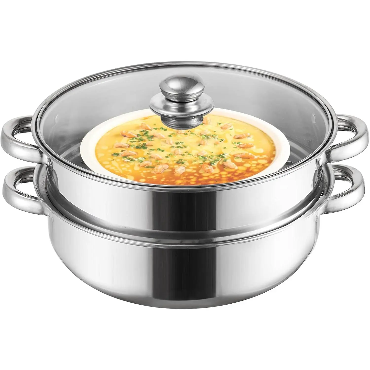 11in Thick Stainless Steel Cookware Steamer - 2-Layer Multi-Layered Steamer with Lid, Handle for Cooking Vegetables, Dumplings, Food