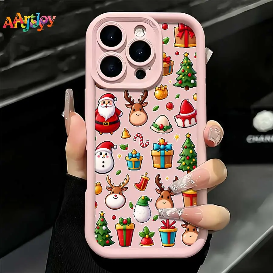 Shockproof Smartphone Case - All-Over Santa, Reindeer, Christmas Tree & Gift Box Cartoon Illustration, Sweet Girly Festive Design, for iPhone 17 Pro Max,16,16 Plus,15,14,13,12 - Handheld Cellphone Protection for Devices, Ideal Holiday Gift