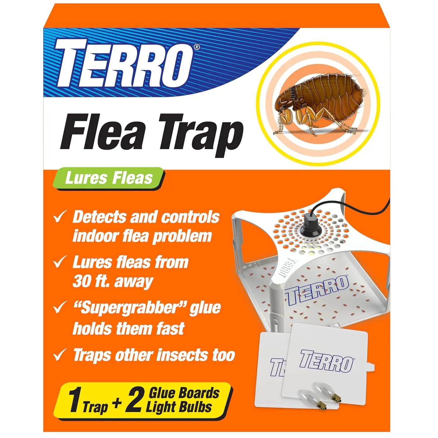 TERRO Rectangular Indoor Electric Flea Trap & Killer - Refillable Plug-In Bug Trap with SuperGrabber Glue Boards, Light-Enhanced 30-ft Attraction Range, Room Pest Control Set for Home Flea Elimination, Kills Fleas