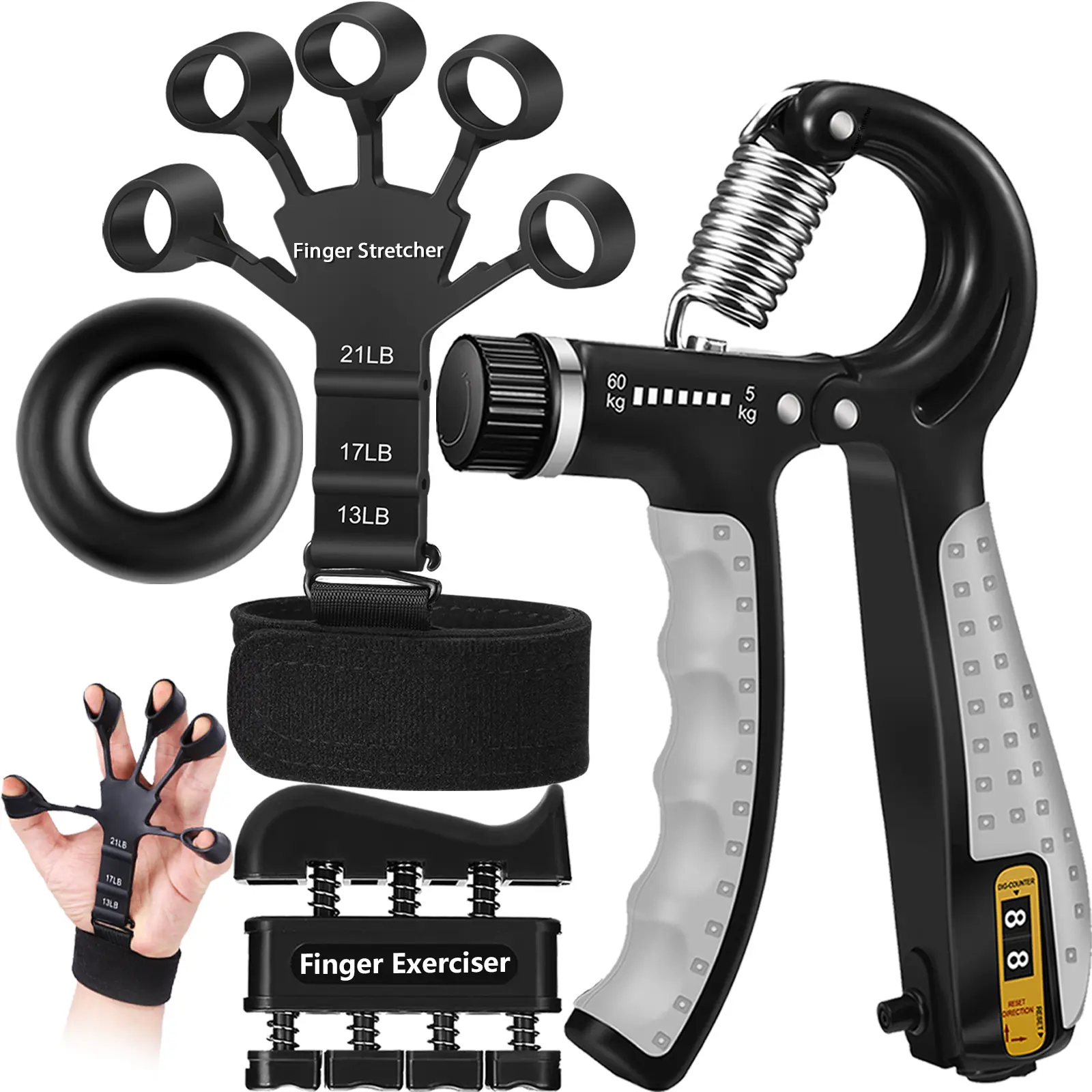4pcs Hand Grip Strengthener Kit - Strength Training Accessory with Hand Gripper, Finger Exerciser, Finger Stretcher, Forearm Workout Ring for Muscle Building & Recovery Therapy, Grip Strength Tester