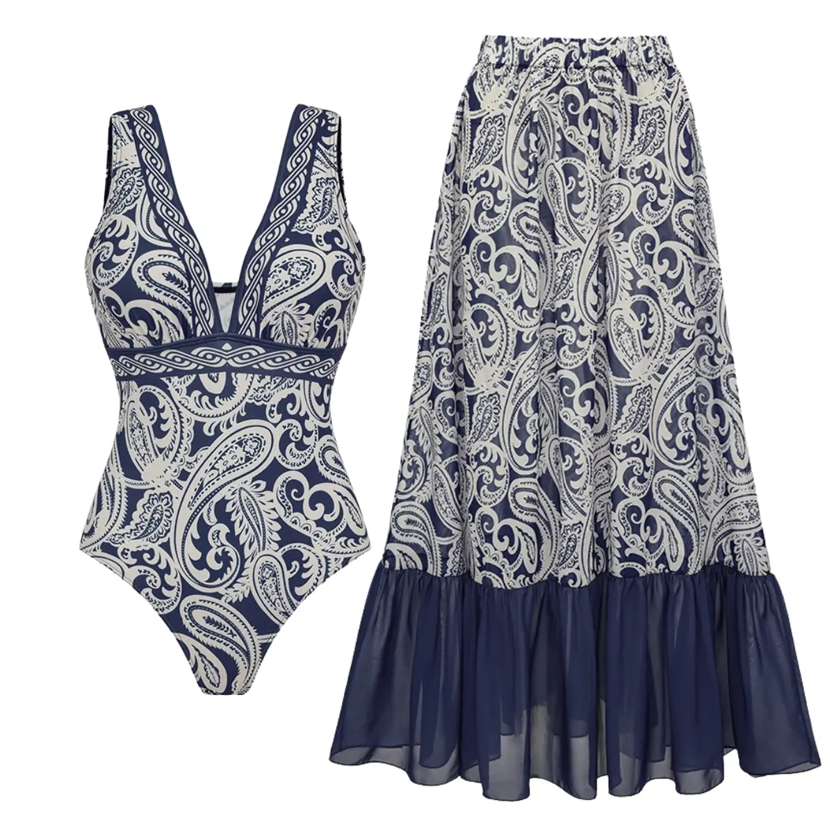FLAXMAKER Women's V Neck Blue Paisley Print One Piece Swimsuit and Matching Skirt Set and Matching Cover Skirt Set Swimdress Stylish Beachwear Bathing Suit Swimwear Coverups vacation swimwear for women#Summervibes #SwimWeek