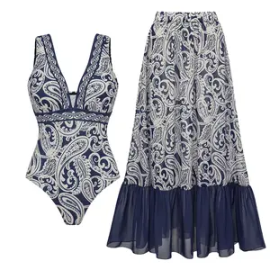 FLAXMAKER Women's V Neck Blue Paisley Print One Piece Swimsuit and Matching Skirt Set and Matching Cover Skirt Set Swimdress Stylish Beachwear Bathing Suit Swimwear Coverups vacation swimwear for women#Summervibes #SwimWeek