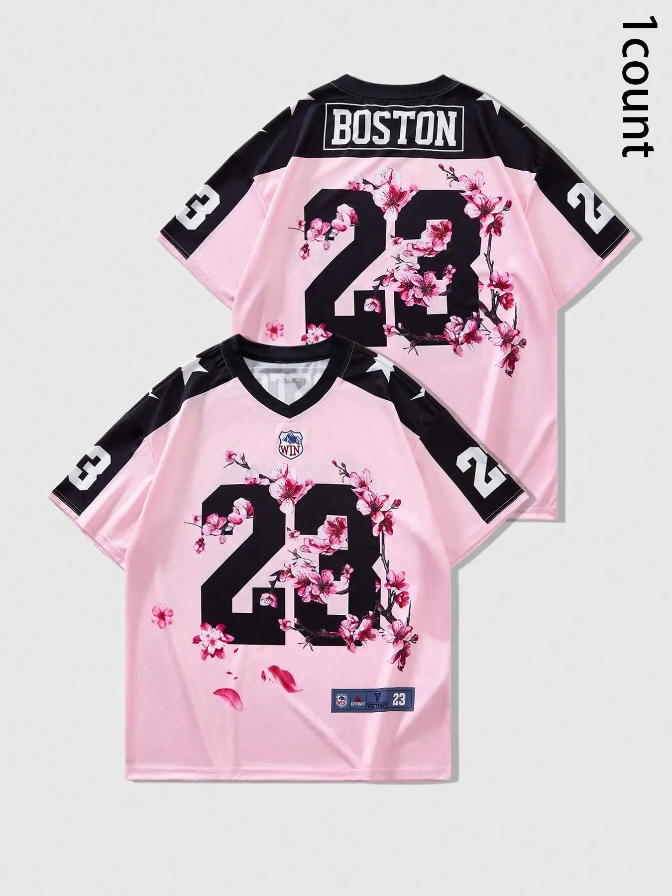 Unisex's Cherry Blossom Print V Neck Sports Tee, Street Fashion Casual Short Sleeve T-Shirt, Jersey Shirt for Daily Wear, Ladies Summer Clothes, Casual Sporty Style, Casual Sporty Design, Casual Sportswear, Casual Sports Tops, Casual Sporty Fitted