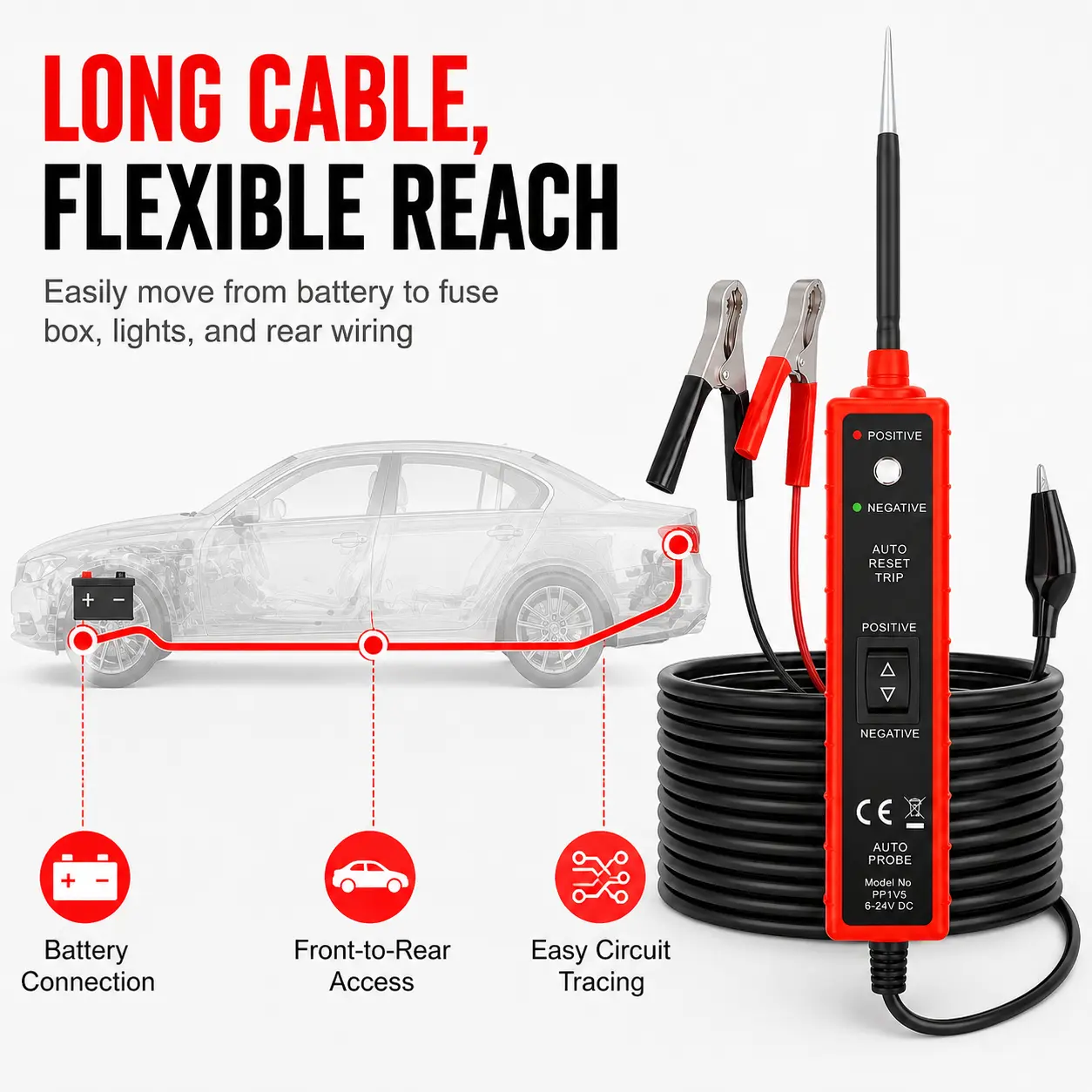 EM285 Automotive Power Circuit Continuity Tester Tool with Clamps, 6-24V DC Electrical System Probe, Polarity Indicator, Auto Reset Protection, Long Test Leads for Car, Truck, Motorcycle (Ideal for Motorcycle Owners)