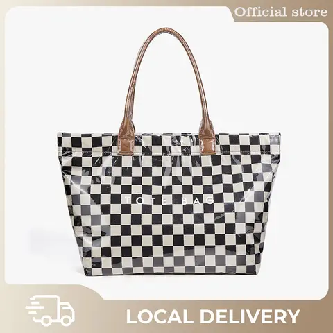 Women's PVC Lightweight Tote Bag - Chic Checkered Print with Letter Graphic, Double Handle, Commuter Style Daily Commuter Bag, Large Casual Work Purse, Do Not Wash