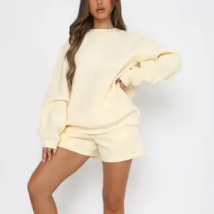Women's Casual 2 Piece Outfit Long Sleeve Sweatshirt and Shorts Loungewear Set