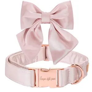 Unique Style Paws Silk Pink Dog Collar with Sailor Bow Tie, Adjustable & Durable Puppy Collar with Quick-Release Metal Buckle for Small to Large Dogs
