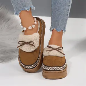 Womens House Bow Slippers Bottom Fleece Lined Non Slip Rubber Sole Indoor Outdoor Activities Shoes Winter Warm Mini Snow Boots