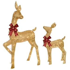 2-Piece Large Lighted Christmas Deer - HOYECHI Outdoor Yard Decoration Rattan Reindeer with 85 LED Lights, Stakes, Zip Ties - Gold