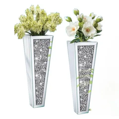 2 Pcs  Flower Vase Crushed Diamond Mirrored Hanging Planter& Geometric Decor Mirrored Container, Silver Decorative Mirror Vase Gift Glass Wood Ornaments
