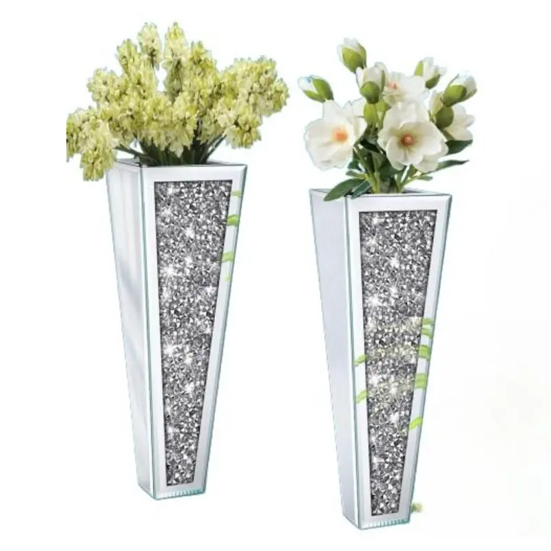 2 Pcs Flower Vase Crushed Diamond Mirrored Hanging Planter& Geometric Decor Mirrored Container, Silver Decorative Mirror Vase Gift Glass Wood Ornaments