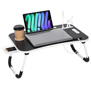 Laptop Bed Desk, Portable Folding Laptop Table with Stand, 4 USB Ports, Storage Drawer, and Cup Holder Knee Tray Desk for Working or Reading in Bed/On the Couch Computer outdoorfun