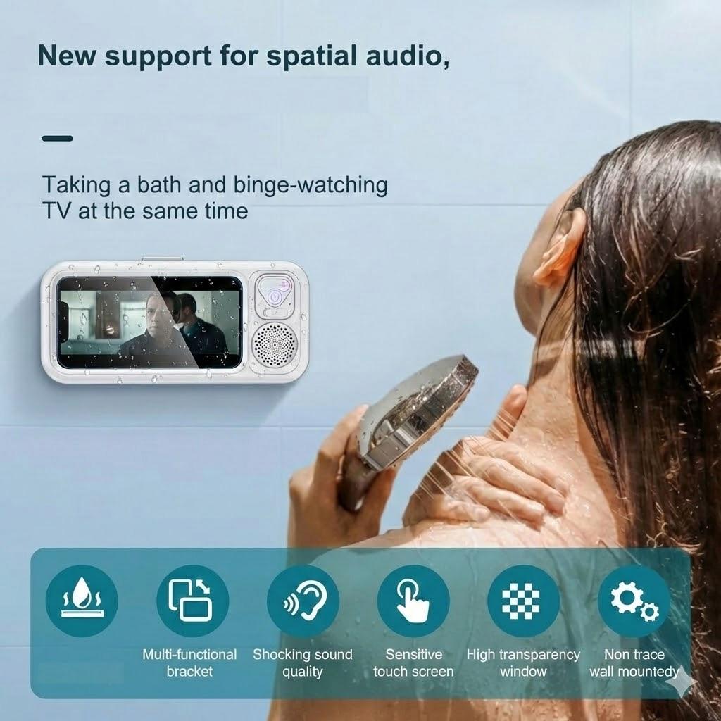 Waterproof Shower Phone Holder with Bluetooth Speaker & 360° Rotation, Touch Screen Wall Mount Stand for Bathroom