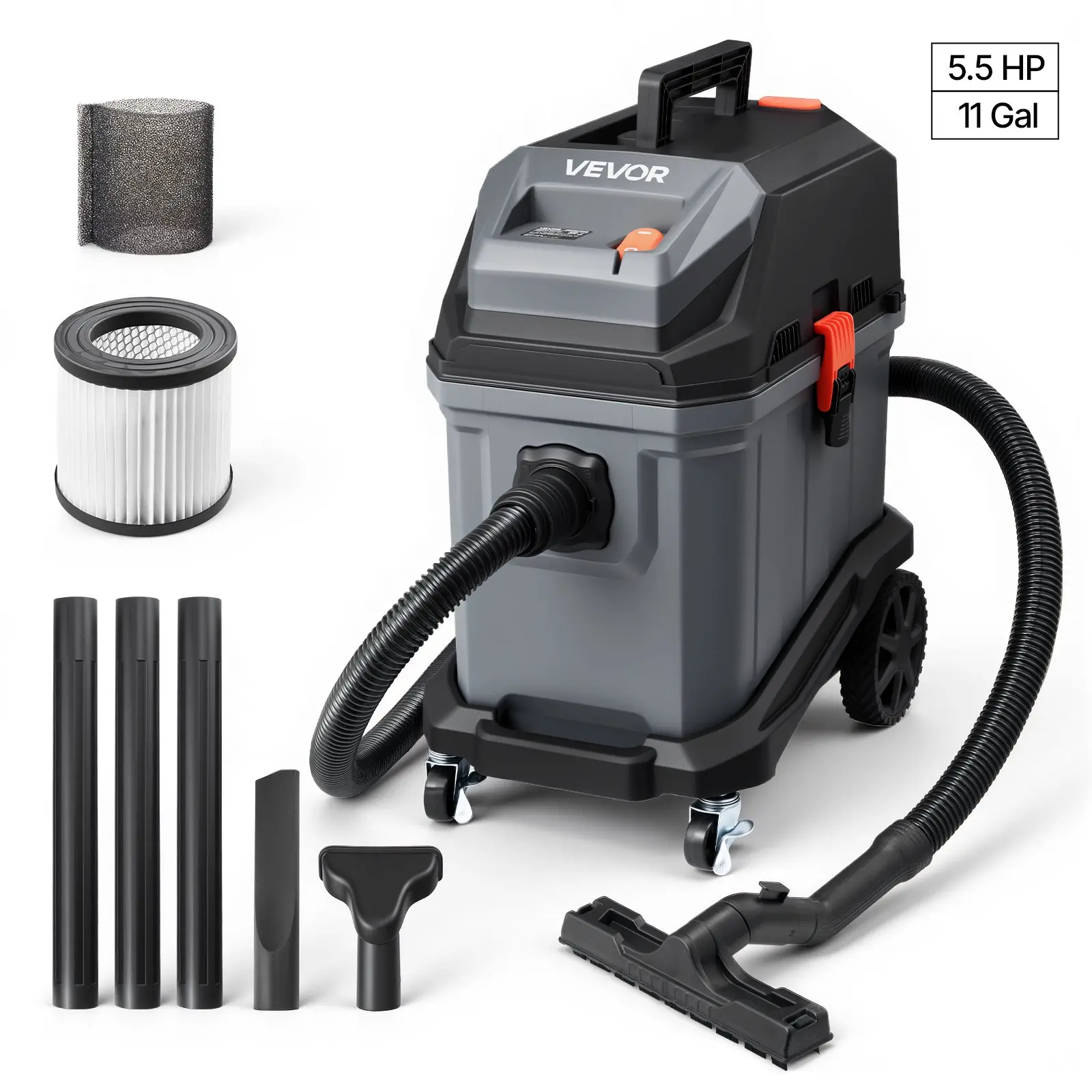 VEVOR Commercial Shop Vac, 11 Gallon Wet Dry Shop Vacuum, 5.5 Peak HP Portable with One-Button Self-Cleaning, 1350W Input, 1.25inx 7ft Hose, 20ft Cord, Industrial-Grade for Jobsite, Workshop