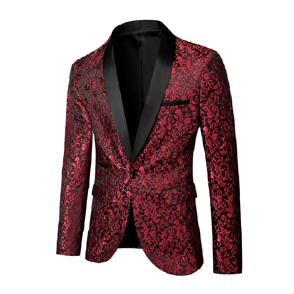 Men's Classic Long Sleeve Embroidered Floral Suit Jacket - Paisley Shawl Lapel, Elegant Formal Fabric Blazer with Pockets, Durable for Wedding, Christmas Occasions, Party, Cruises, Distinctive Texture, One Button