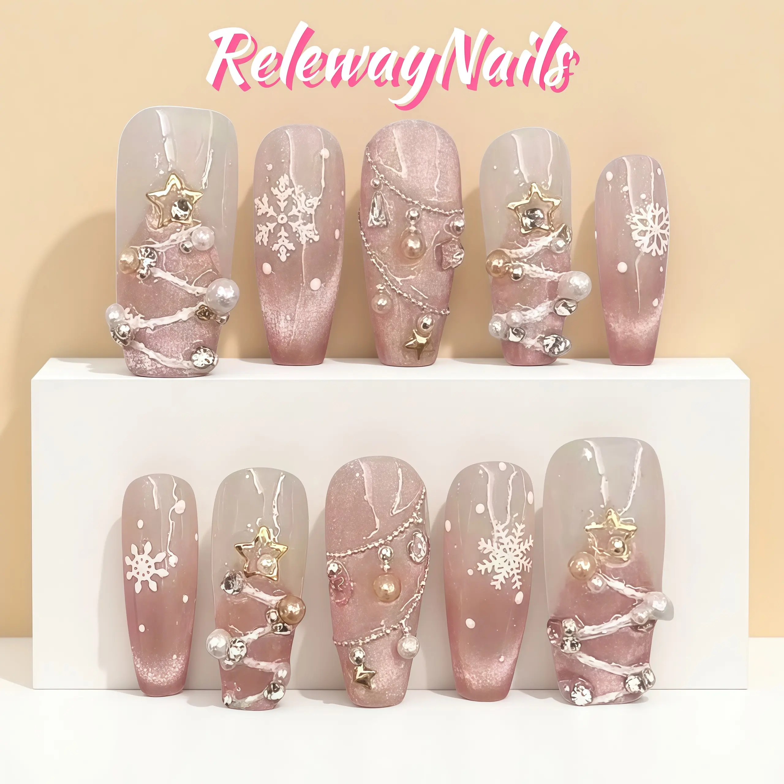 Christmas Press On Nails Pink Cat Eye Acrylic False Nails 3D Christmas Tree Star Glitter Press-ons | Noel Twilight