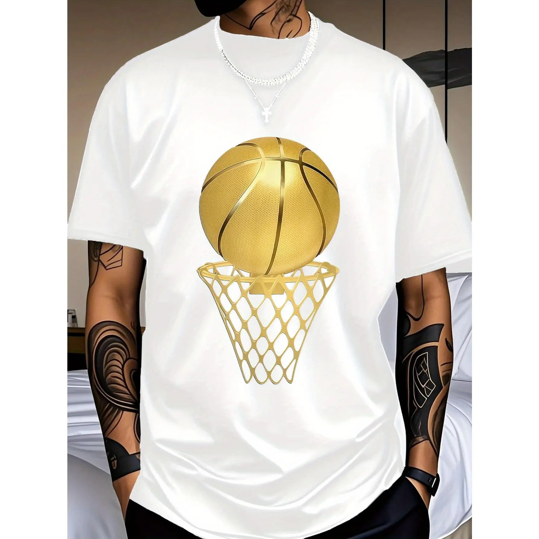 Men's Short-Sleeve Basketball Graphic T-Shirt - Black & Golden Hoop Design Round Neck Stretch Fabric Tee - Casual/Party Outfit - Machine Washable Durable Everyday Top - Ideal Birthday/Holiday Gift