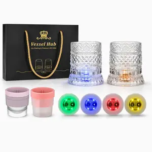 Luxury Rotating Crystal Whiskey Glass Set – 2 Rotating Glasses & 2 Ice Ball Molds, 4 Light-Up Coasters in a Beautiful Gift Box, Diamond, Ice Crack & Snowflake Cut Bar Gift Set, summerwins