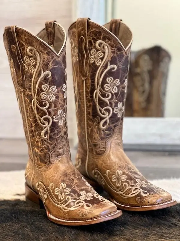 Matilda Heiser 072 Women's Heiser Gold Leather Boots with Flower Design Stacked Heel & Handcrafted Shoes