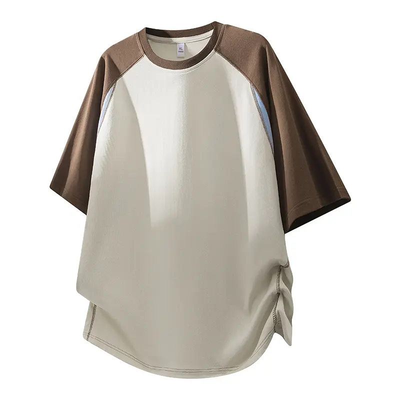 Retro color-block drop-shoulder short-sleeve T-shirt for summer, loose fit with breathable cotton that’s skin-friendly and comfortable, crew neck, brown/beige contrast, side topstitching, versatile five-eighths sleeves—ideal for everyday wear, commuting,