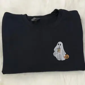 Ghost coffee holding trik or treat basket embroidered sweatshirt