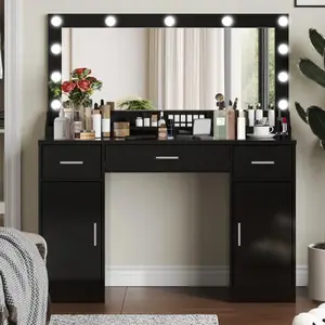 [Bellemave]47.2"Vanity Desk with Large Mirror, 3 Colour Lighting Modes, Adjustable Brightness, Dresser with 3 Drawers & 2 Vertical Cabinets, Makeup Vanity Table for Women & Girls (Black)