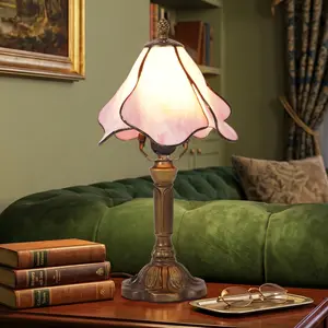 Tiffany Style Table Lamp, Pink Stained Glass Flower Petal Lamp, 14.2 Inch Vintage Bedside Desk Light, E26 Warm Light For Bedroom Living Room Dining Room