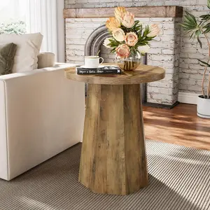 LITTLE TREE Farmhouse Round End Table, Wooden Couch Side Table with Octagonal Base, Rustic Brown Nightstand Pedestal Accent Furniture for Living Room, Bedroom