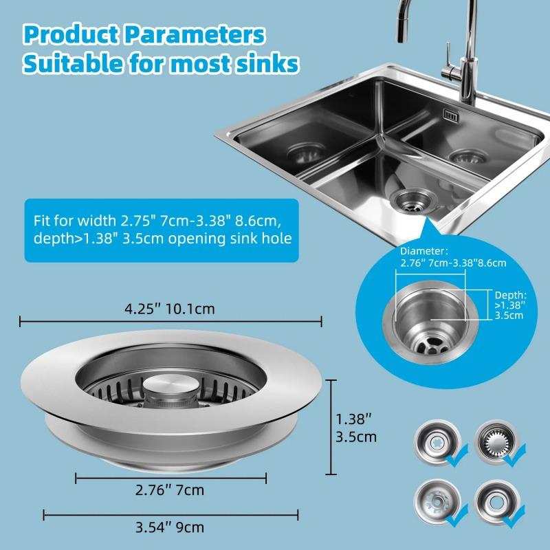 2PACK 3-in-1 Kitchen Sink Drain Strainer Stainless Steel Sink Plug Deodorizing Anti-Clog Basket Strainer for US Standard 3-1/2 Inch Drains 304 Stainless Steel Quality
