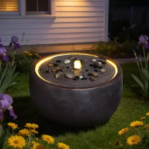 Round Outdoor Water Feature, 19" W x 12" H Freestanding Bowl Water Fountain with Warm LED Lights, Electric Cascading Water Fountain for Patio, Yard, Garden & Outdoor Landscape Decor