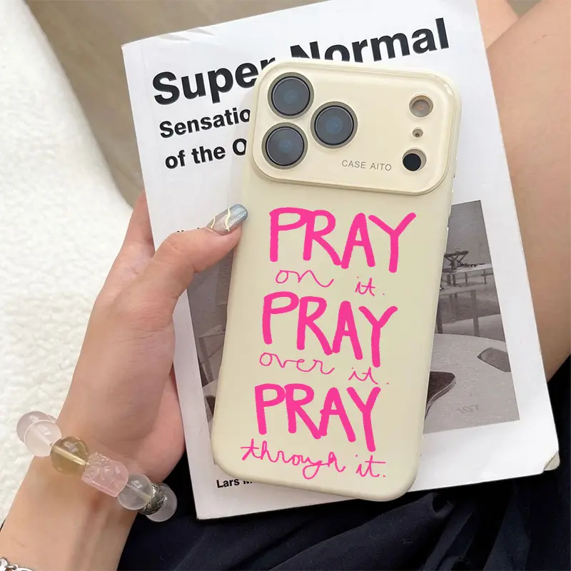 Trendy Pray Phone Case Combining A Durable Shockproof Build With Vibrant Pink Prayer Typography Ultra Skin Friendly Touch All Inclusive Lens Compatible For iPhone 17 16 15 14 13 12. It makes a great gift for friends or family.