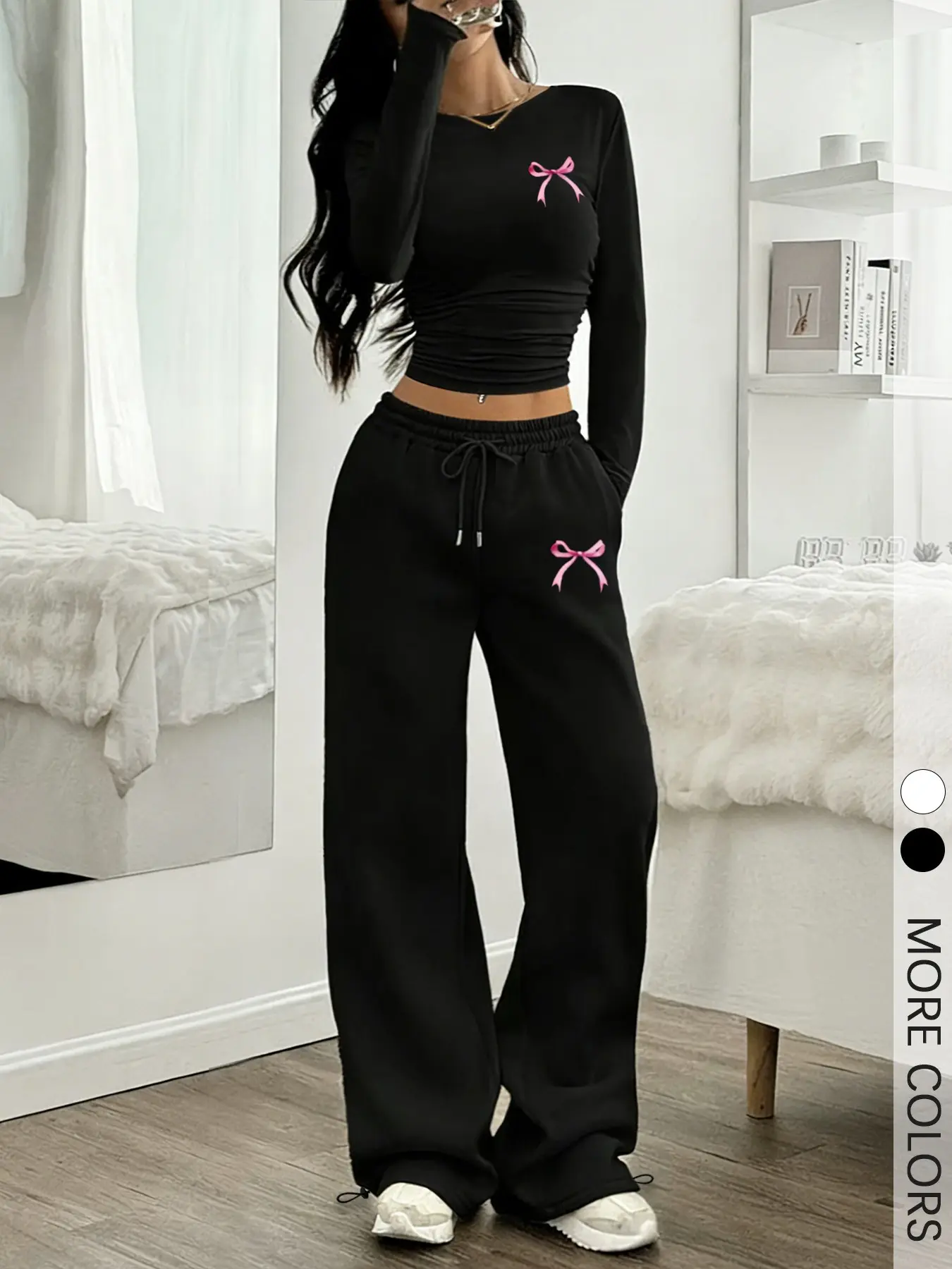 Women's 2-Piece Pink Bow Co-ord Set, Long Sleeve Top & Wide Leg Pants for Casual Pajama Loungewear Nightwear Pjs