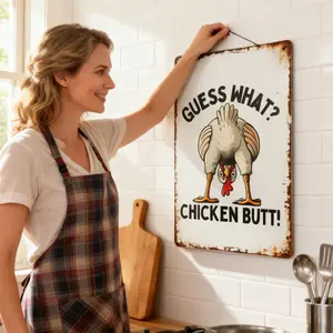 Guess What? Chicken Butt! Funny Chicken 8x12 Inch Aluminum Metal Sign - Humorous Wall Decor for Kitchen, Farmhouse, Chicken Coop, Dorm Room - Retro Tin Sign Gift for Chicken Lovers & Humor Fans home  accessories funky  home  decor humor gift