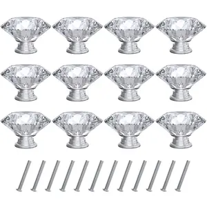 [12 PCS] 40mm Crystal Clear Glass Cabinet Drawer Pulls, Diamond Shape Cupboard Knobs with Screws for Kitchen, Dresser, Cupboard, Bathroom, Wardrobe