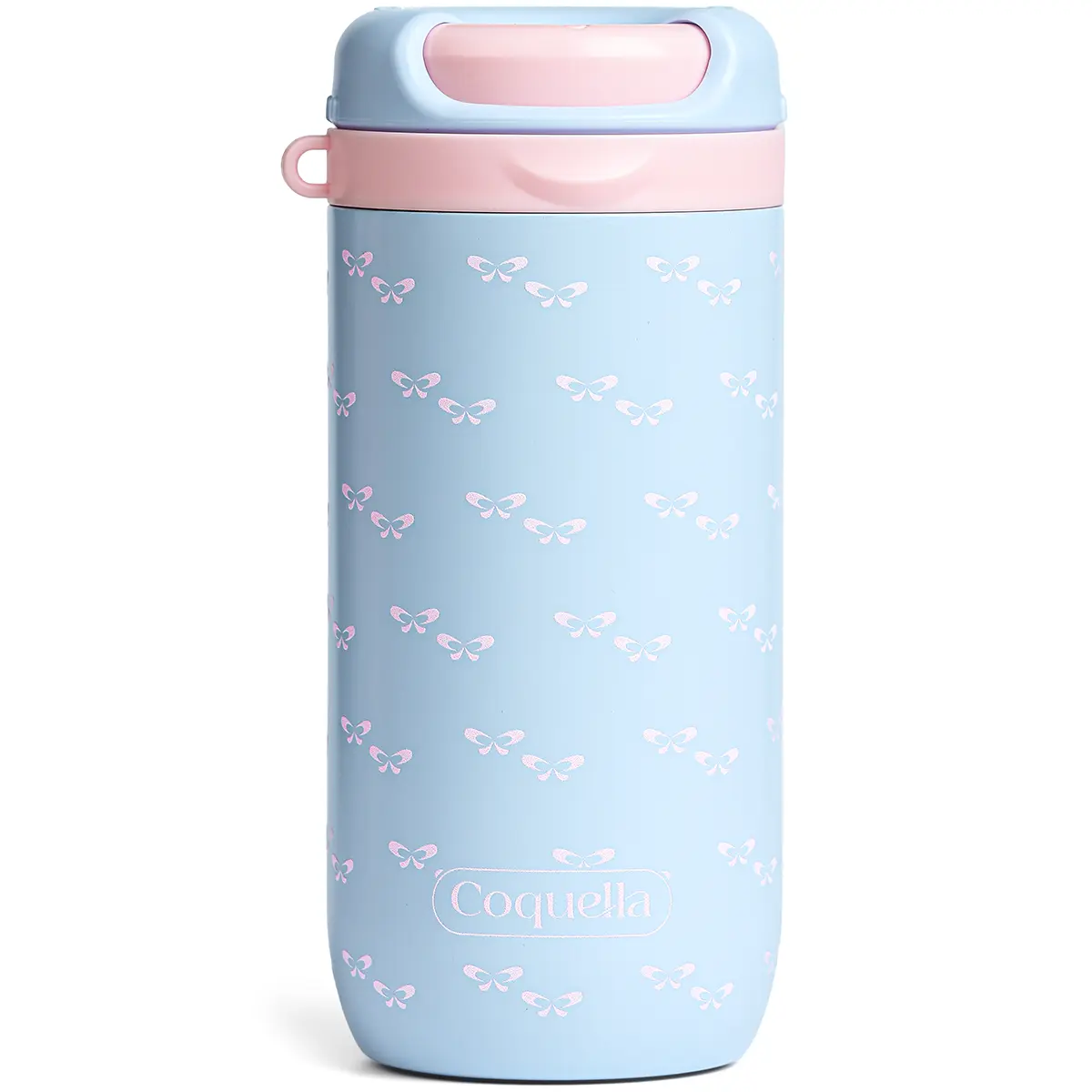 Coquella Matinelle 15 oz Stainless Steel Coffee Tumbler with Twist-Open Lid, Insulated Travel Mug for Iced Coffee Cold Brew and Warm Beverages, BPA-Free, Cup Holder Friendly, Bow Charm, Coquette Blue