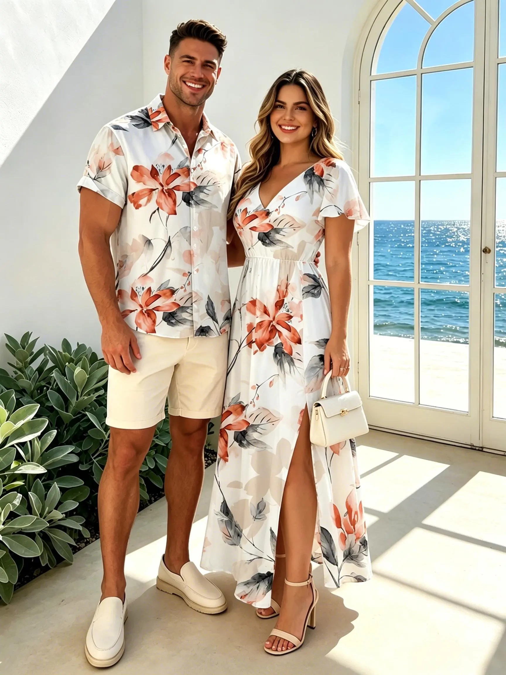 2026 Vacation Couple Outfit Women's Watercolor Flower Leaf Print Slit Dress and Men's Short Sleeve Button Up Roll Up Shirt Matching Set