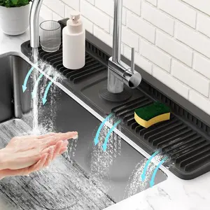 Kitchen Sink Silicone Faucet Mat - Anti-Slip Quick-Dry Splash Guard with Drip Drain Tray and Installation Clips, Modern Simple Design