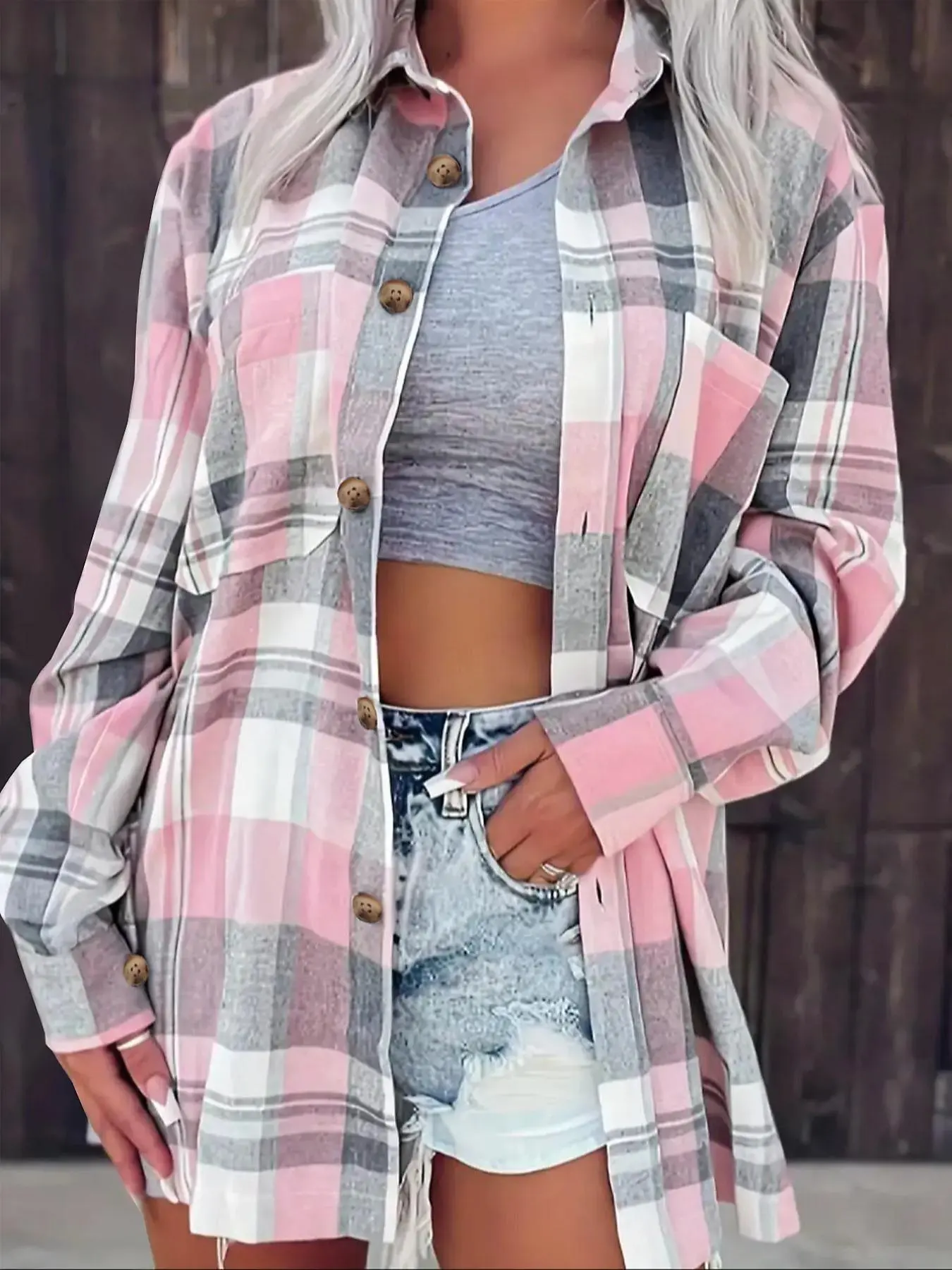 【Plus Size】 Plaid Print Button Front Shirt, Casual Button Down, Casual Button Up, Casual Blouses, Casual Everyday Top, Casual Long Sleeve Pocket Collared Top for Fall & Winter, Women's Clothes for Daily Wear