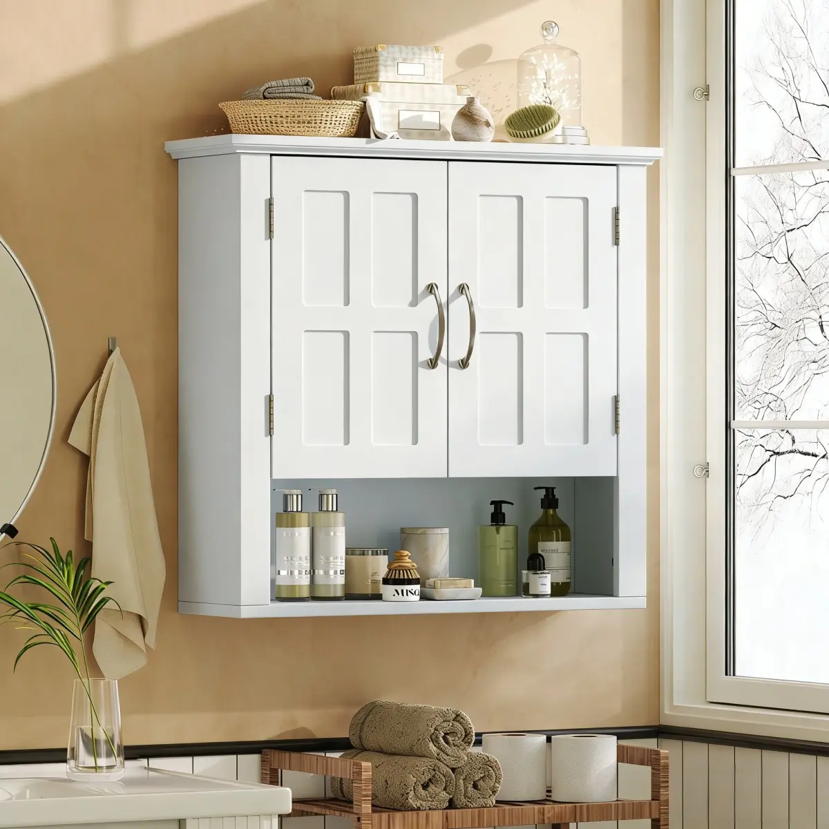 23.62"W*7.68"D*22.63"H White Wall‑Mounted Floating Storage Cabinet, Engineered Wood Paneled Door with Adjustable Shelves for Bathroom Kitchen Entryway