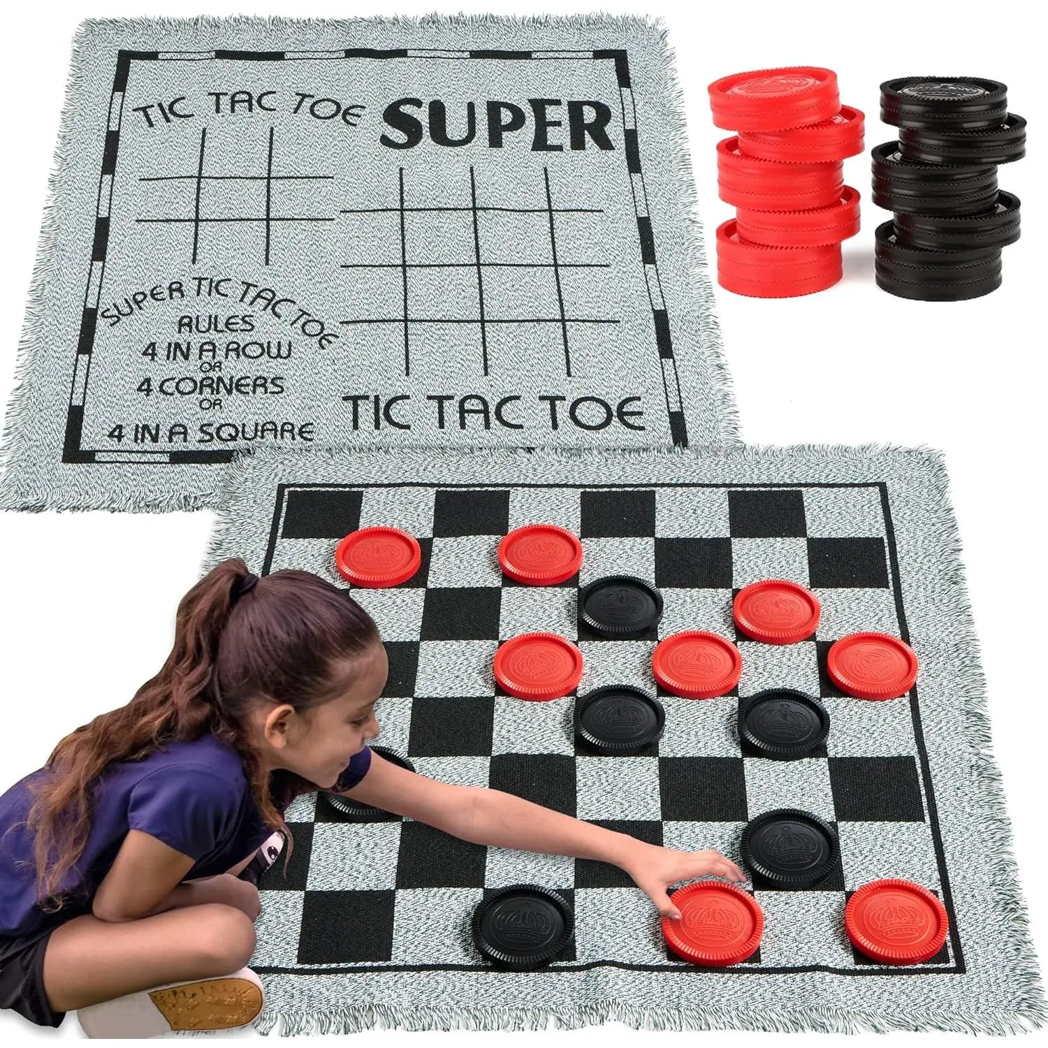 Giant 3-in-1 Game Set for Family, Vintage Checkered Design with Tic-Tac-Toe for Playful Indoor Recreation & Outdoor Fun