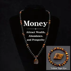 2pcs/set Money Attraction Necklace set with Tiger Eye Pendant Healing CrystalStone ,Obsidian,Anniversary, Vacation &ThemeParties Jewelry Charms Abundance Crystal bracelet,Long Chain,Sweater chain,Ideal GiftJewelry for Men and Women