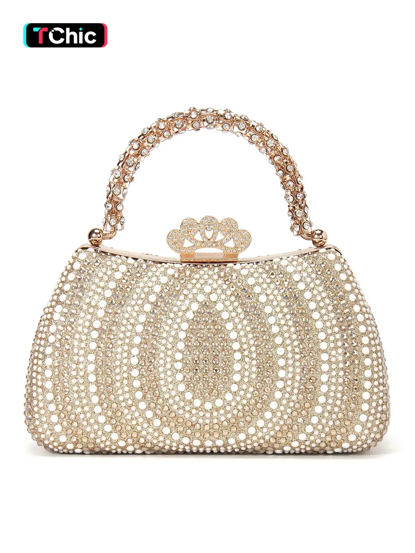Luxurious Rhinestone Pearl Bling Evening Bag, Elegant Box Clutch with Crystal Handle, Floral Lock, Shoulder Strap, Party Wedding Easter Graduation, Evening Clutch Purse, Elegant Handbag